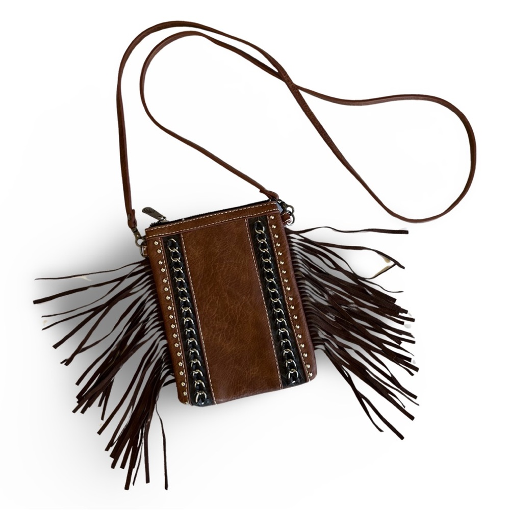 Faux Brown Leather Small Crossbody Bag with Fringe Boho Style 1990s